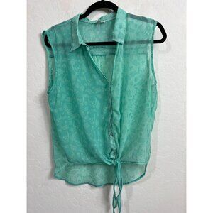 Buffalo David Bitton Lg Sheer Green Skull and Roses with Lace Placket Tie Front